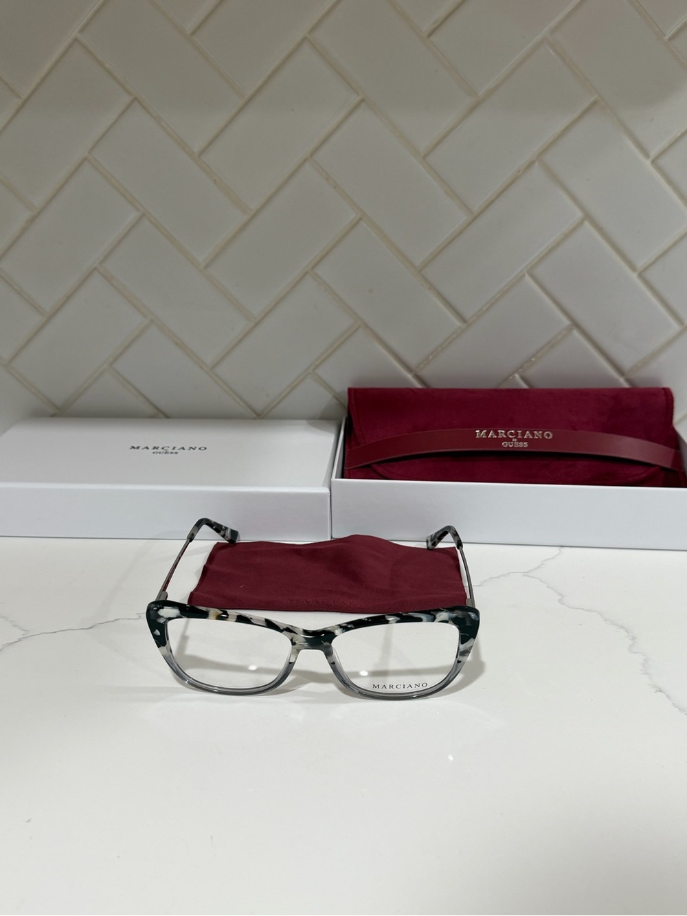 Marciano Black & White Tortoiseshell Optical Glasses with Burgundy Case